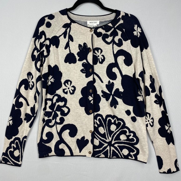White Stuff Sweaters - White Stuff Floral Organic Cotton Cardigan Navy Blue Cream US 10 UK 14